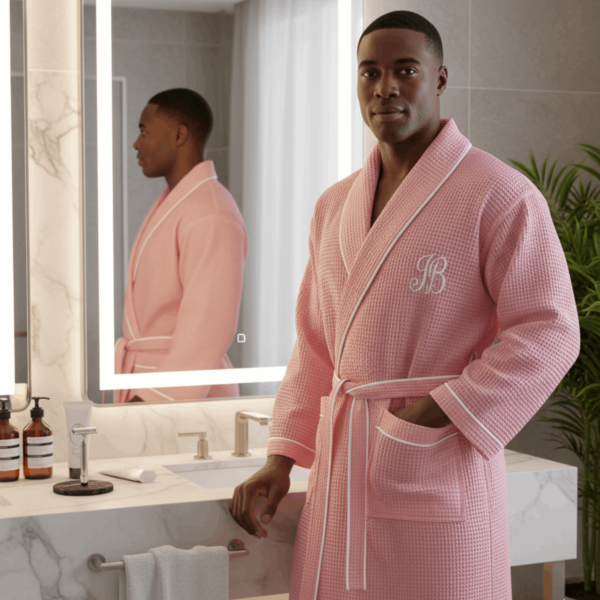 Premium Men's Waffle Robe with Contrast Piping Detail