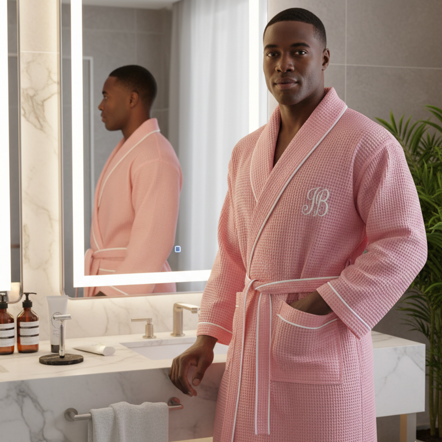 Premium Men's Waffle Robe with Contrast Piping Detail