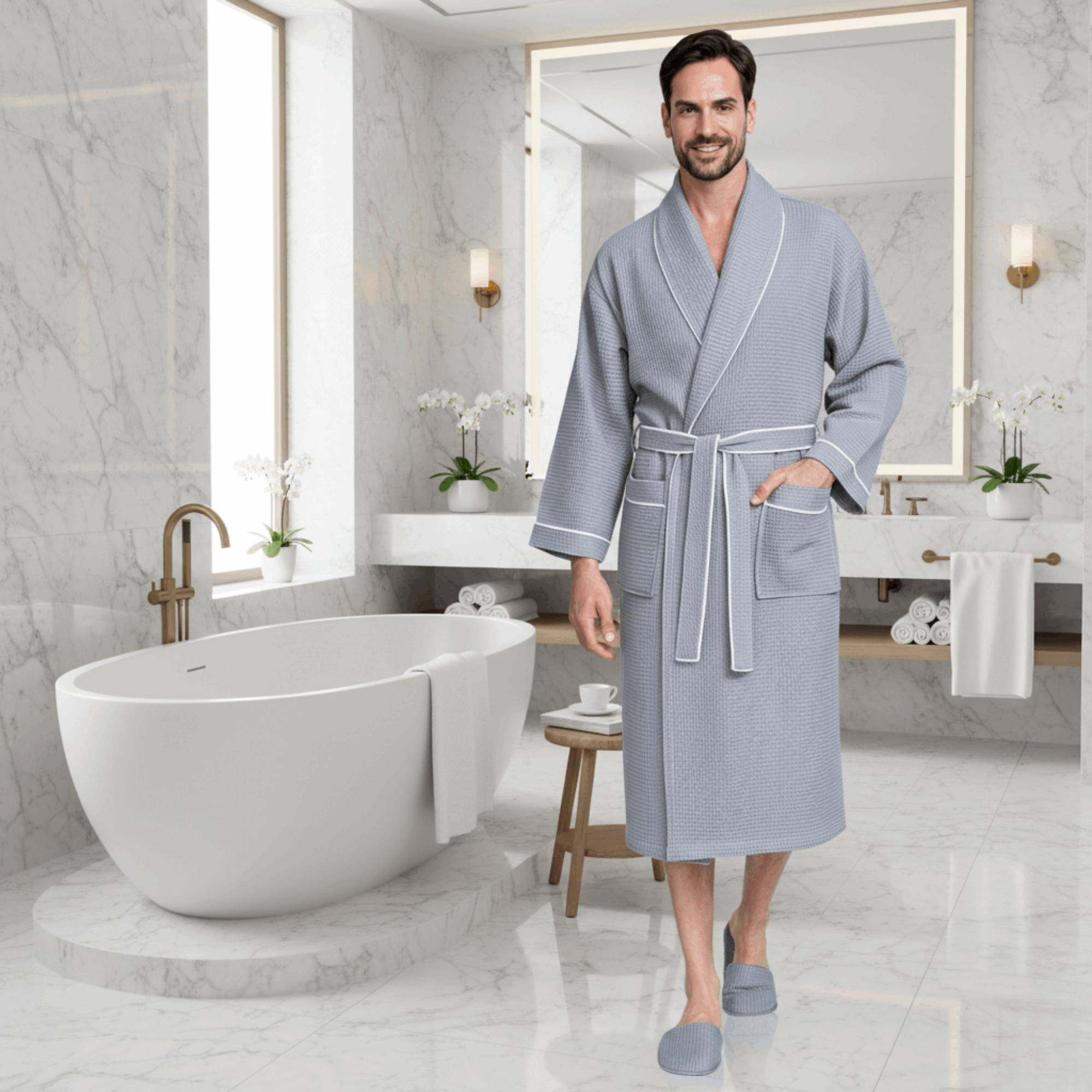 Premium Men's Waffle Robe with Contrast Piping Detail