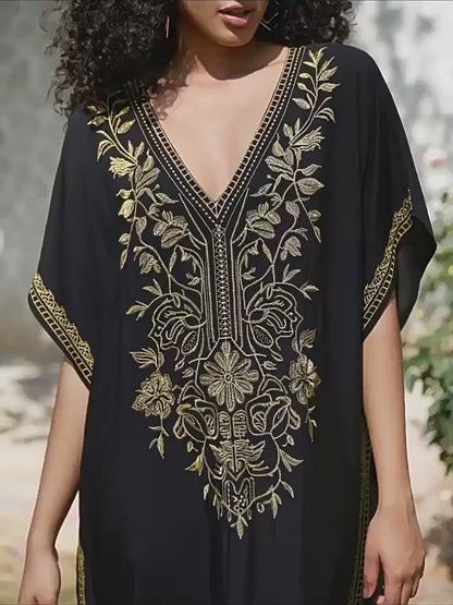 Women's Gold Embroidery Long Kaftan Dress | V Neck Caftan Beach Cover Up