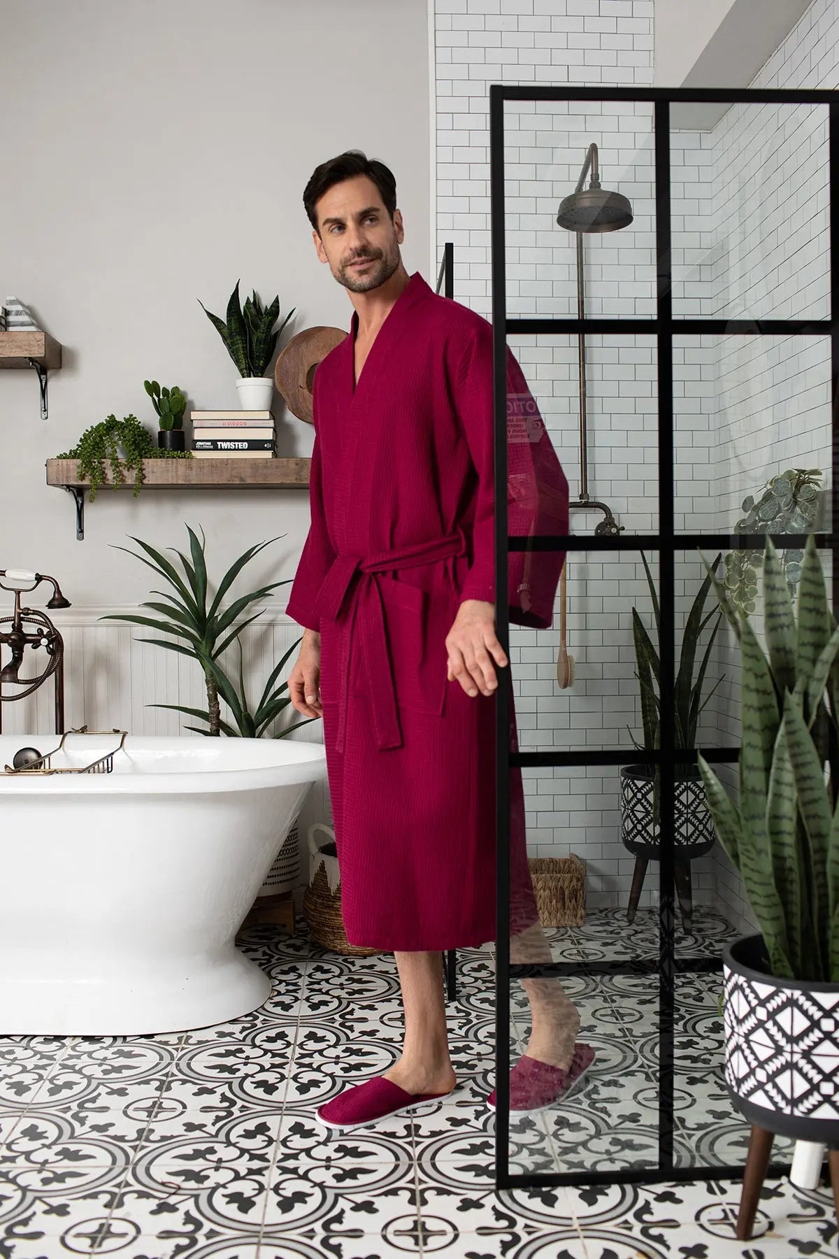 Men's Waffle Kimono Robe: Absorbent Lightweight Spa Wear