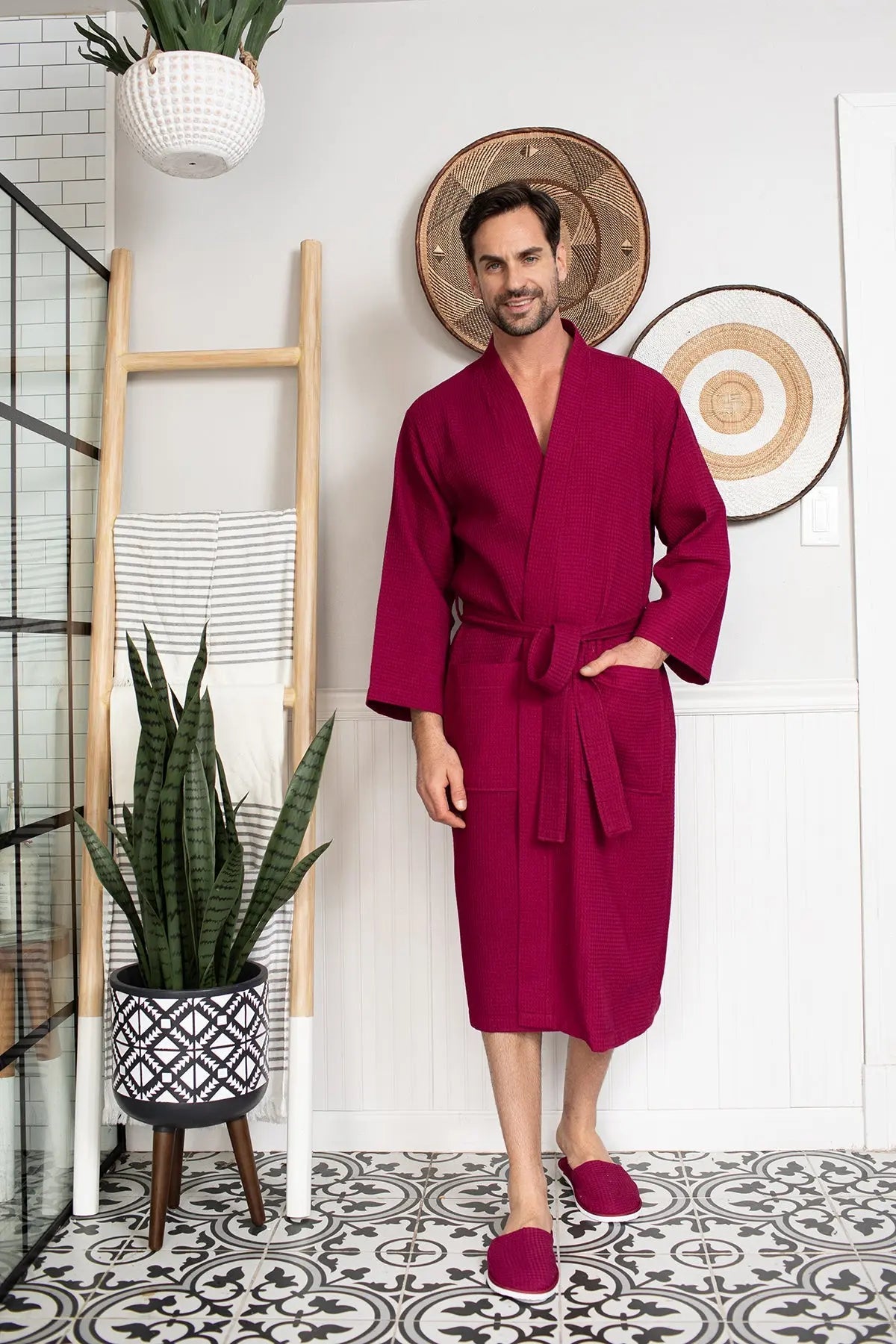 Men's Waffle Kimono Robe: Absorbent Lightweight Spa Wear