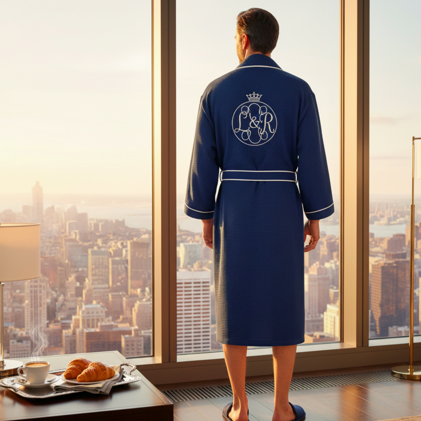 Premium Men's Waffle Robe with Contrast Piping Detail