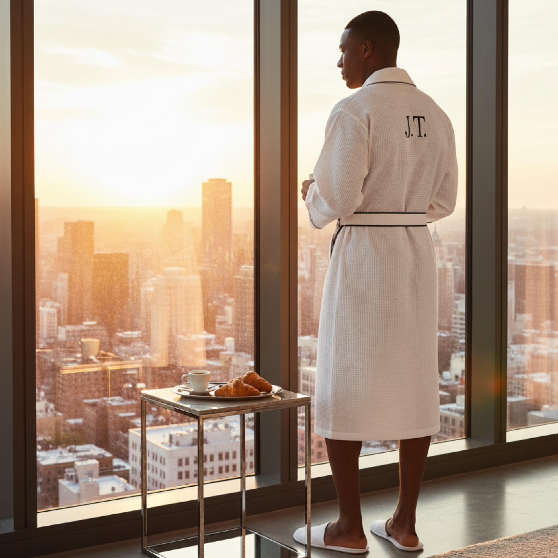 Premium Men's Waffle Robe with Contrast Piping Detail