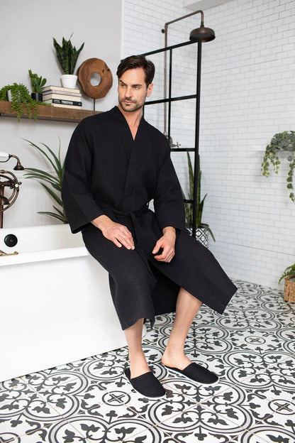 Men's Waffle Kimono Robe: Absorbent Lightweight Spa Wear