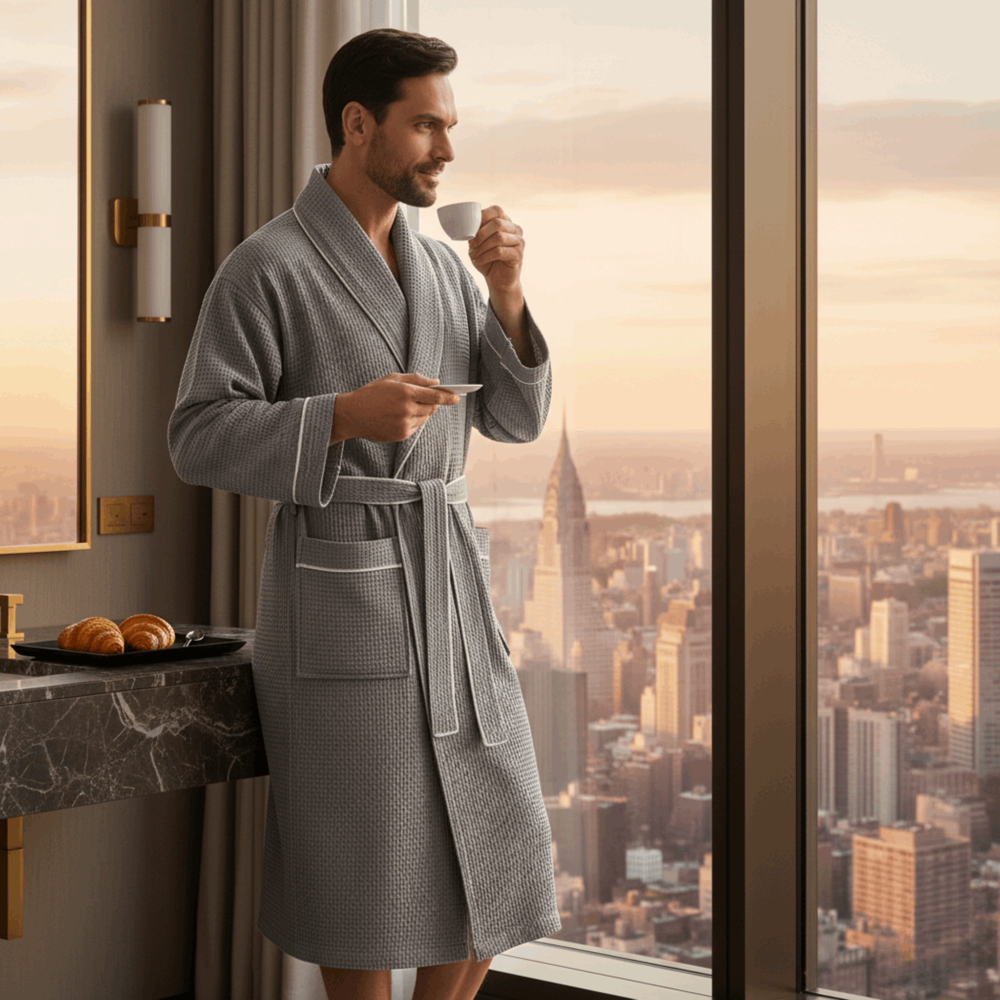 Premium Men's Waffle Robe with Contrast Piping Detail