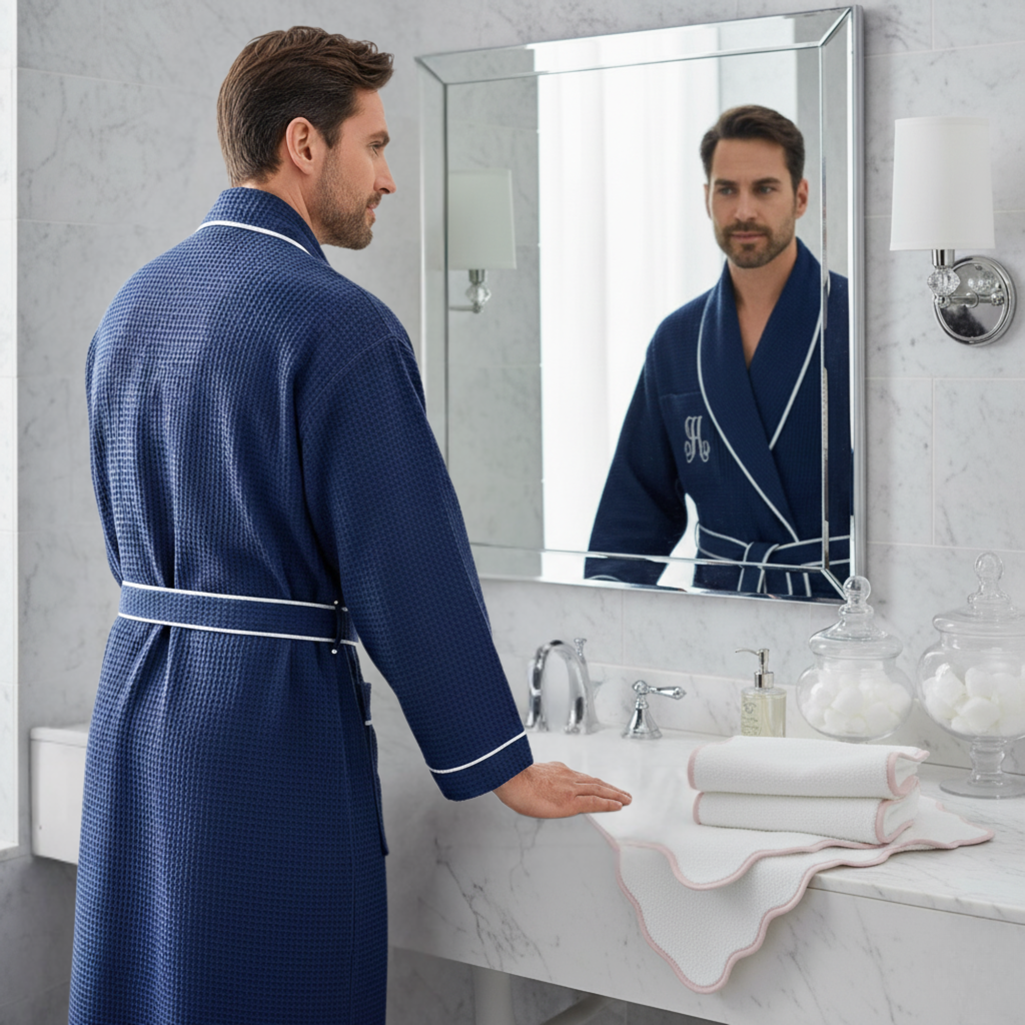 Premium Men's Waffle Robe with Contrast Piping Detail