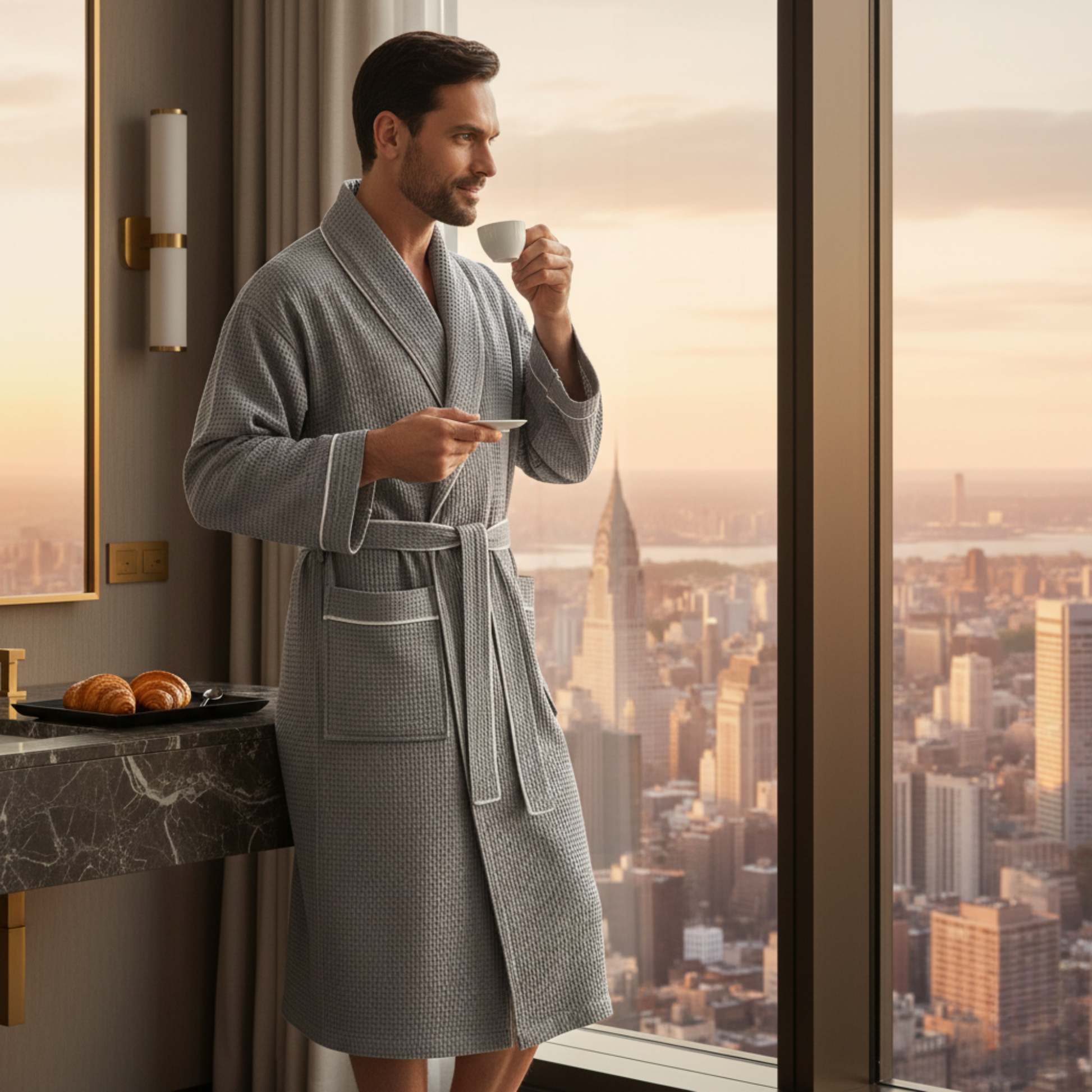 Premium Men's Waffle Robe with Contrast Piping Detail