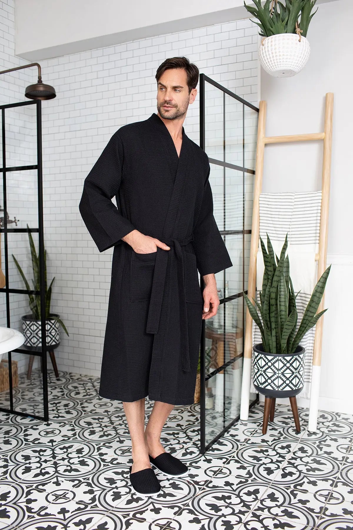 Men's Waffle Kimono Robe: Absorbent Lightweight Spa Wear