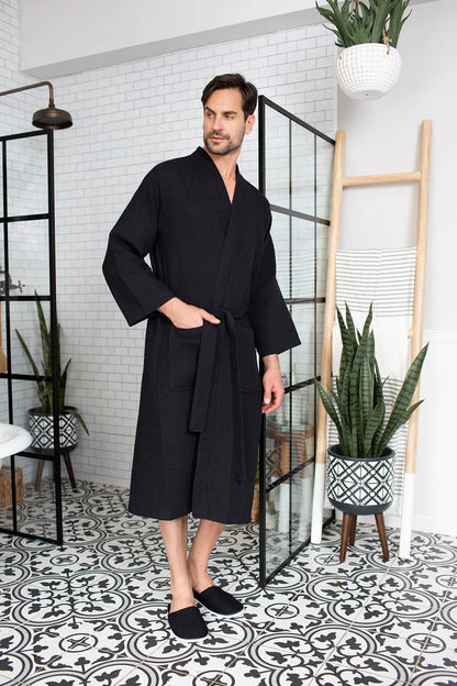 Men's Waffle Kimono Robe: Absorbent Lightweight Spa Wear