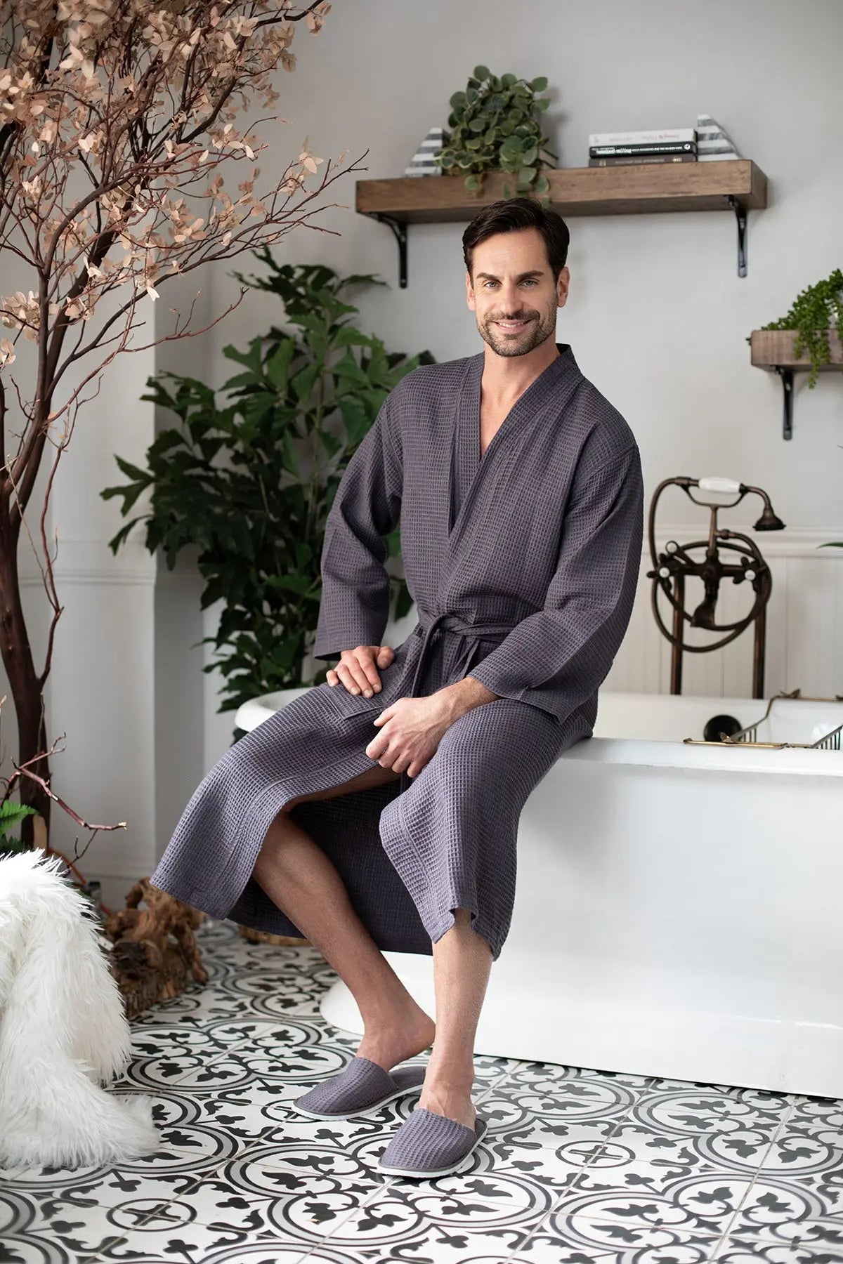 Men's Waffle Kimono Robe: Absorbent Lightweight Spa Wear