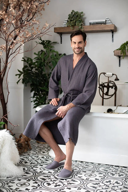 Men's Waffle Kimono Robe: Absorbent Lightweight Spa Wear