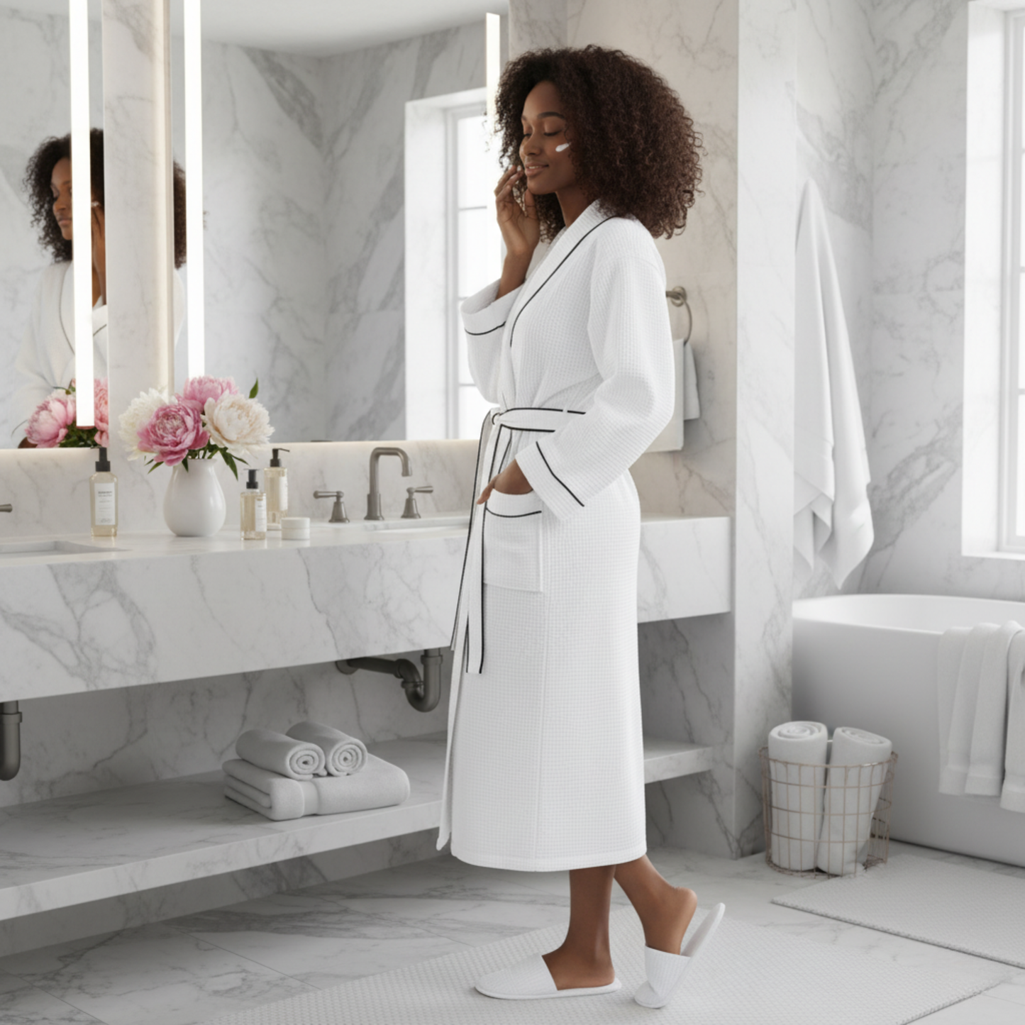 Women's Waffle Piping Bathrobe | Lightweight Spa Comfort