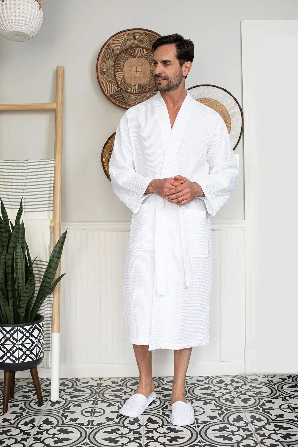 Men's Waffle Kimono Robe: Absorbent Lightweight Spa Wear