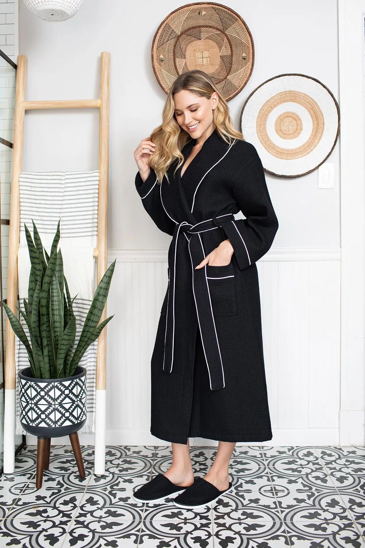 Women's Waffle Piping Bathrobe | Lightweight Spa Comfort