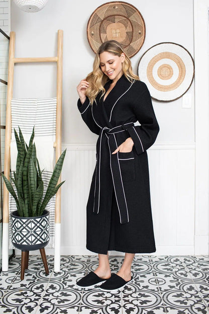 Women's Waffle Piping Bathrobe | Lightweight Spa Comfort
